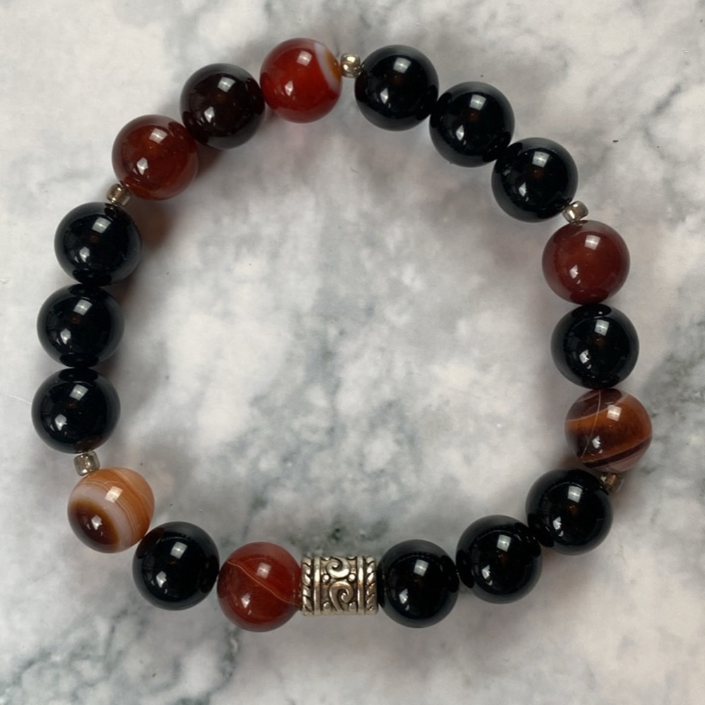 Beaded Black Obsidian & Sardonyx Stretch Bracelet with Silver Accent - 10mm